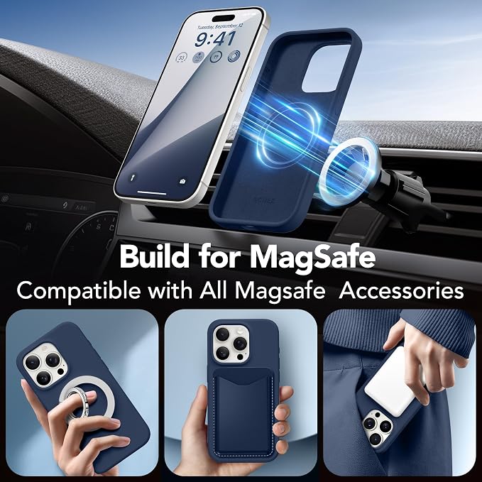 GONEZ for iPhone 15 Pro Max Case Silicone, Compatible with Magsafe, 2X Camera Protector + 2X Screen Protector, Soft Anti-Scratch Microfiber Lining, Liquid Silicone Shockproof Phone Cover, Dark Blue