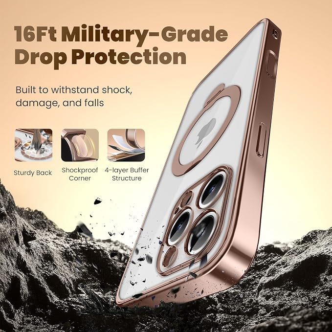 Desert Titanium for iPhone 16 Pro Case With 360° Spin Magnetic Stand,[Compatible With Magsafe] [Military Protection][Built-in Ring Holder]Camera Control Phone Case for 16 Pro,Rose Gold/Clear