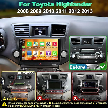 4G+64G Car Radio Stereo for Toyota Highlander 2008-2013, Wireless Carplay&Android Auto with Android 12 Support Bluetooth/Voice Control/GPS/WiFi/Back-up Camera/SWC/FM, 10.2 Inch IPS Touch Screen