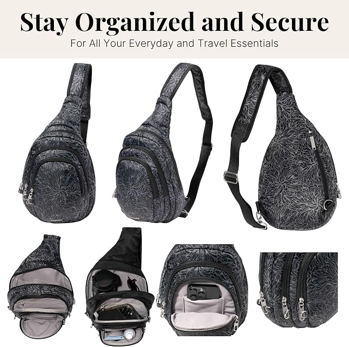 Baggallini Securtex® Anti-Theft Multi Zip Sling - Lightweight 8.6"x15.2" Travel Bag with Locking Zippers & RFID Protection