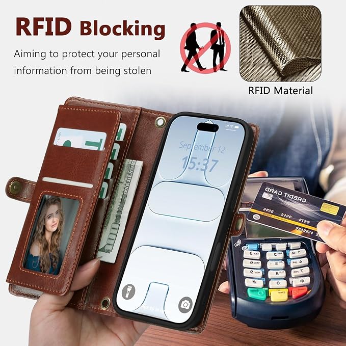 Wallet Case for iPhone Air with Card Holder/Crossbody Wallet/Strap,[RFID Blocking][Magnetic] PU Leather Phone Case for iPhone Air,6.5 in,Brown