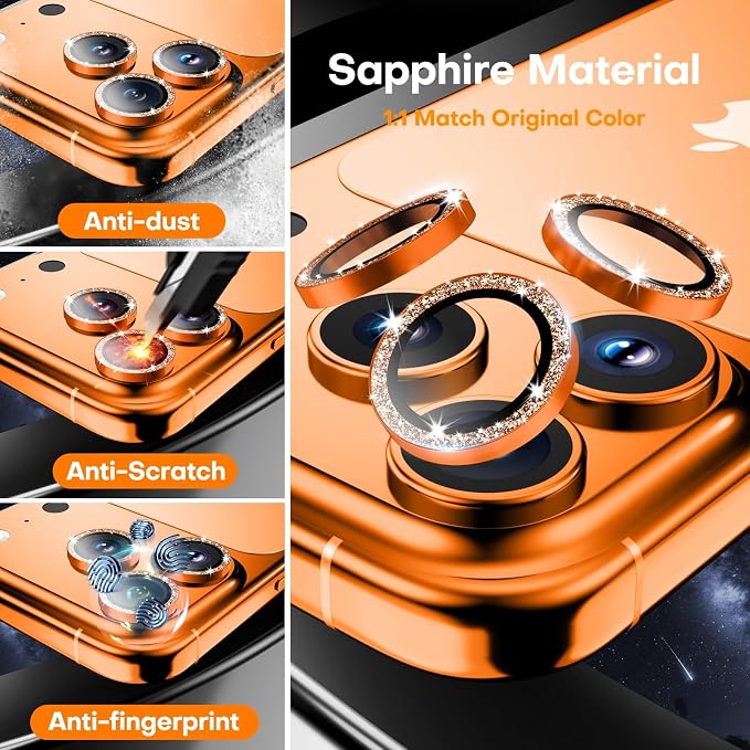 Camera Lens Protector for iPhone 17 Pro Max/17 Pro/16 Pro Max/16 Pro/15 Pro Max/15 Pro/14 Pro Max/14 Pro,Tempered Glass Metal Individual Cover[Anti-drop] Case Friendly- Glitter Cosmic Orange