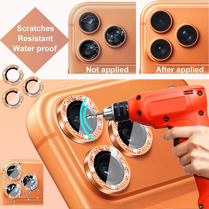 Compatible for iPhone 17/17 Pro/iPhone 17 Pro Max Camera Lens Protector Bling, Cute Sparkle Glitter Camera Cover for Women, Individual Ring, Anti-Scratch (3 Protectors + 1 Extra), Orange