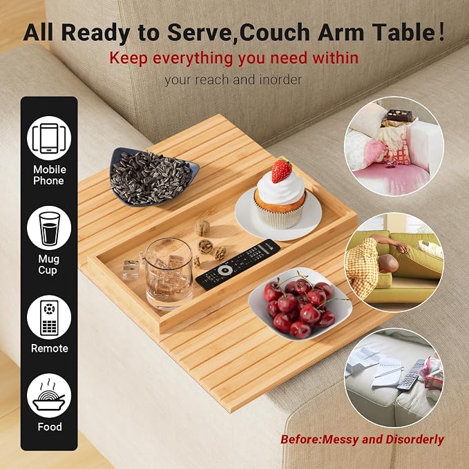 Couch Arm Tray,Sofa Arm Tray Bamboo Sofa Tray Table for Couch,Anti-Slip Arm Table Clip On Tray Sofa Table,Foldable Sofa Armrest Tray Couch Cup Holder for Snacks,Phone,Remote,Cups