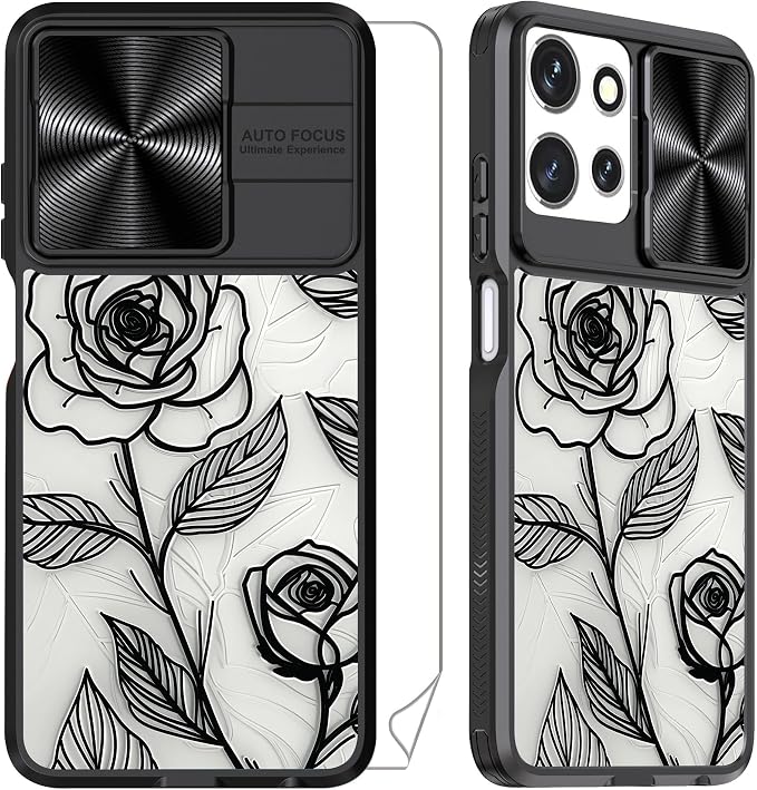 for Motorola Moto G 5G 2025 Case with Rose, Metal Slide Camera Cover, Screen Protector, Anti-Peeping Privacy Safeguard, Camera Lens Protector Phone Case for Moto G 5G 2025