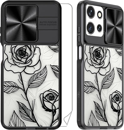 for Motorola Moto G 5G 2025 Case with Rose, Metal Slide Camera Cover, Screen Protector, Anti-Peeping Privacy Safeguard, Camera Lens Protector Phone Case for Moto G 5G 2025