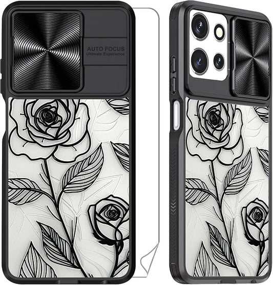 for Motorola Moto G 5G 2025 Case with Rose, Metal Slide Camera Cover, Screen Protector, Anti-Peeping Privacy Safeguard, Camera Lens Protector Phone Case for Moto G 5G 2025