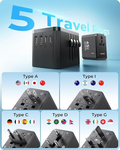 LENCENT 45W Universal Travel Adapter Kit, Worldwide Adapter Type D/G/C/I/A | International Adaptor Set with USB C, Charger for Europe UK Maldives Sri Lanka India Nepal Ghana Zimbabwe Tanzania Nigeria