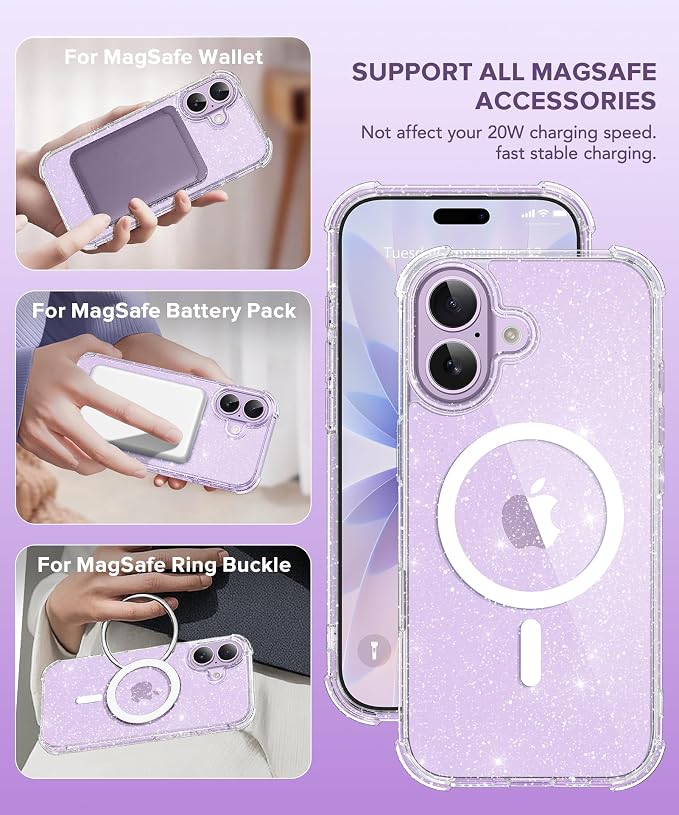 BERFY for iPhone 17 Case for Women, Clear Glitter Shockproof Protective Case, Anti-Yellowing, with Screen Protector & Camera Lens Protector 6.3", Magnetic Sparkle Clear