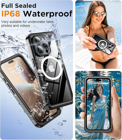 Temdan Magnetic for iPhone 16 Pro Max Case Waterproof,Built-in Screen Protector[IP68 Underwater][Upgrade Military Dropproof][Compatible with MagSafe] Full Body Shockproof Case-Black