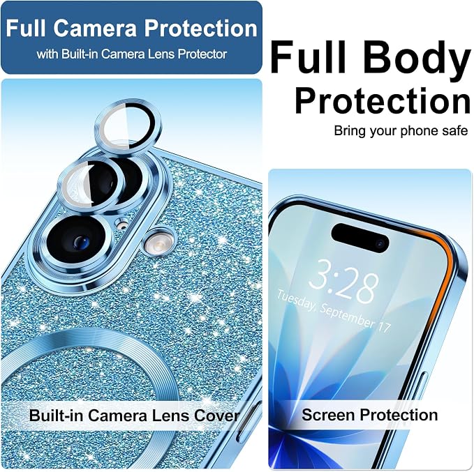 Hython for iPhone 17 Case Glitter Clear Magnetic Phone Cases [Compatible with MagSafe] Full Camera Lens Protector Sparkle Luxury Plating Slim Shockproof Protective Cover Women, Light Blue