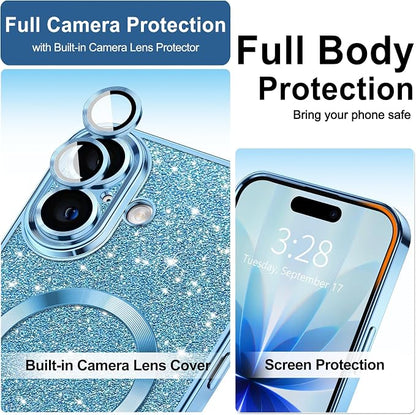 Hython for iPhone 17 Case Glitter Clear Magnetic Phone Cases [Compatible with MagSafe] Full Camera Lens Protector Sparkle Luxury Plating Slim Shockproof Protective Cover Women, Light Blue