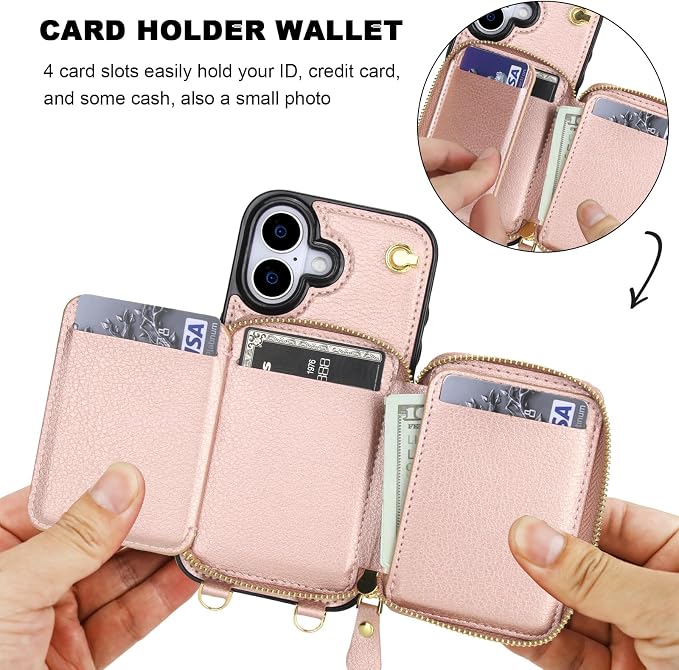 Bocasal for MagSafe Crossbody Wallet Case Compatible with iPhone 17, RFID Blocking Protective Purse Case with Card Slots Holder Kickstand Wrist Strap Lanyard Zipper 6.3 Inch 5G (Rose Gold)