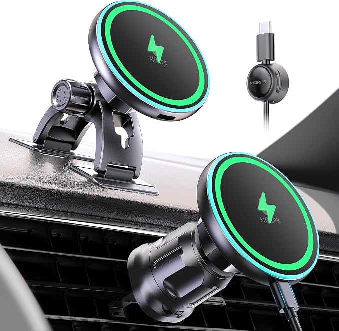 MOKPR for iPhone Magsafe Car Mount Charger, Wireless Car Charger Magnetic Car Phone Holder for Dash Air Vent-LED HandsFree Car Mount Fast Car Charger for iPhone 17/16/15/14/13/12 Series