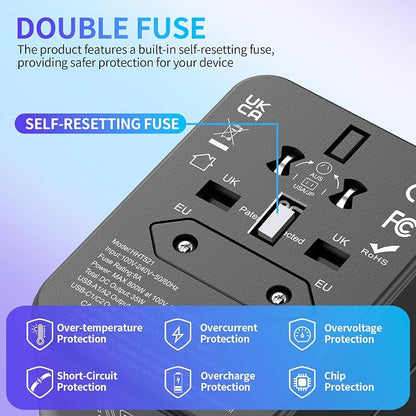All-in-One 45W Quick Charging Universal Travel Adapter with 4 Ports (2 USB-C + 2 USB-A) - Worldwide Plug Converter for USA, EU, UK, AUS | Compact Power Adapter for International Travel