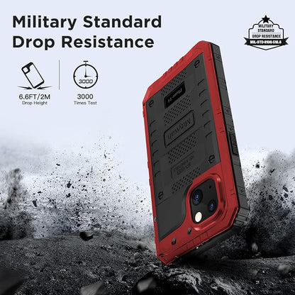 Mitywah Waterproof Case for iPhone 14, Heavy Duty Shockproof Case with Built-in Screen Protector, Full Body Underwater Protective Metal Case 6.1 inch, Red