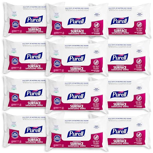 PURELL Foodservice Surface Sanitizing Wipes, 72 Count Flowpack, 7.4" x 9" Wipes (Pack of 12) – 9371-12