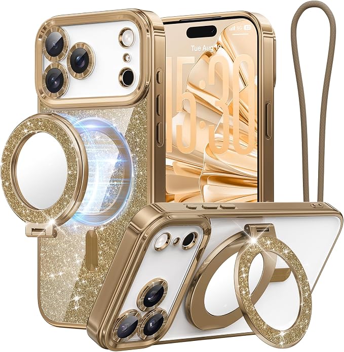 Magnetic Case Designed for iPhone 17 Pro Max with Removable Phone Ring Stand, Glitter Card & Wrist Strap, Compatible with MagSafe, Built in Mirror, Phone Ring Holder + Phone Case Kit, Desert Titanium