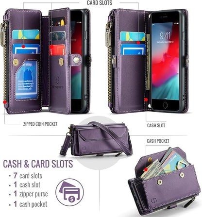 Strapurs Crossbody Wallet Case Compatible with iPhone SE/7/8 RFID Blocking 7-Card Holder Soft PU Leather Magnetic Snap Shoulder Strap Zipper Pocket Phone Cases Fit for iPhone SE 2020 2022 - Purple