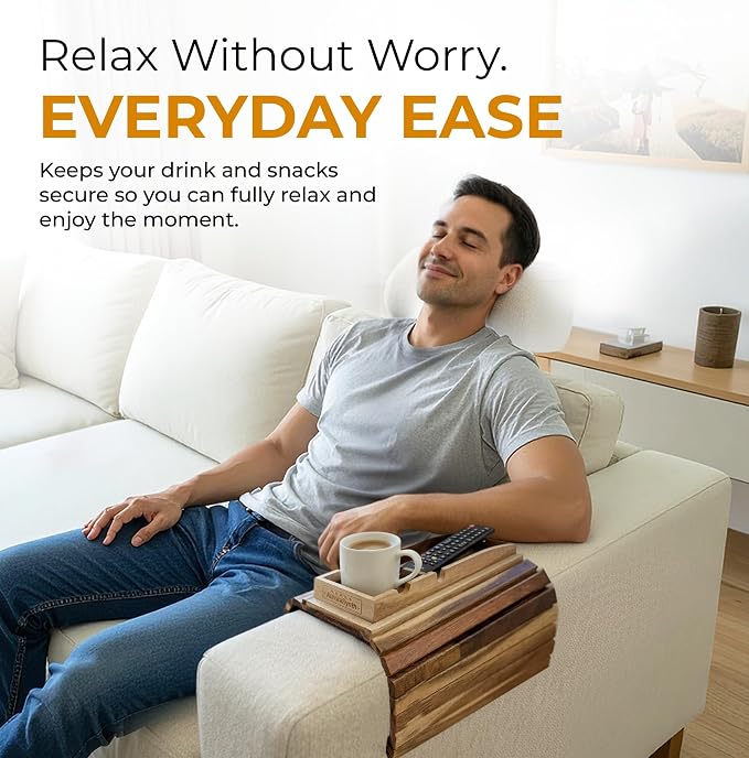 Couch Cup Holder Tray with 2 Cork Coasters, Caddy, Anti-Slip Foldable Armrest Sofa Tray, Anti-Spill Holder for Remote, Snacks, Cellphone - Ideal Gift (Acacia Wood)
