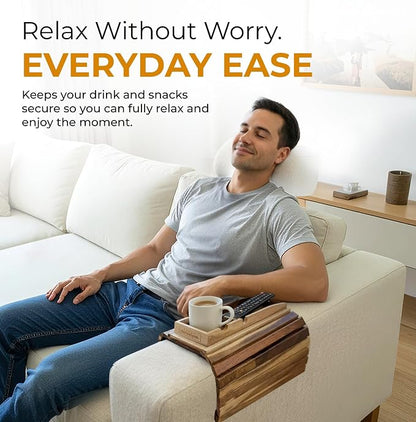 Couch Cup Holder Tray with 2 Cork Coasters, Caddy, Anti-Slip Foldable Armrest Sofa Tray, Anti-Spill Holder for Remote, Snacks, Cellphone - Ideal Gift (Acacia Wood)