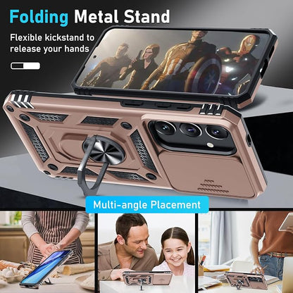 Janmitta Compatible with Samsung Galaxy S25 Plus/S24 Plus Case Built in Slide Camera Lens Cover+Screen Protector+Finger Ring Holder Kickstand,Heavy Duty Shockproof Full Body Phone Cover,Rose Gold