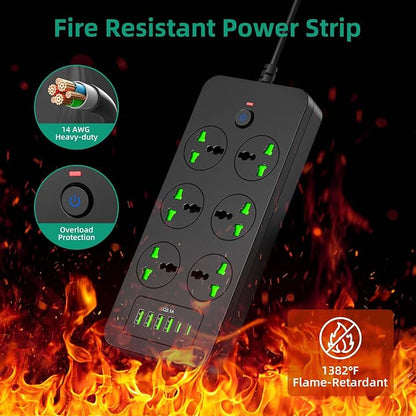 Power Strip with 6 Universal Outlets 4 USB 2 USB C Ports, 3.1A, Overload Protection, 3000w, 110-240v, International Power Adapter for Home Office Travel Essentials, EU Plug, Black