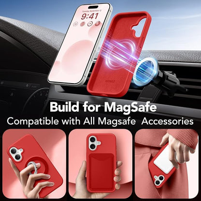 GONEZ Magnetic for iPhone 17 Case, Compatible with MagSafe, [Screen Protector + Camera Lens Protector], Liquid Silicone Anti-Scratch Shockproof Protective Phone Case 6.3 inch, Red