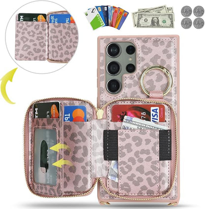 Crossbody Wallet Case for Galaxy S23 Ultra, PU Leather Zipper Handbag Purse Flip Cover, Kickstand Folio Case with Card Slots Holder Wrist Strap Lanyard -Pink Leopard