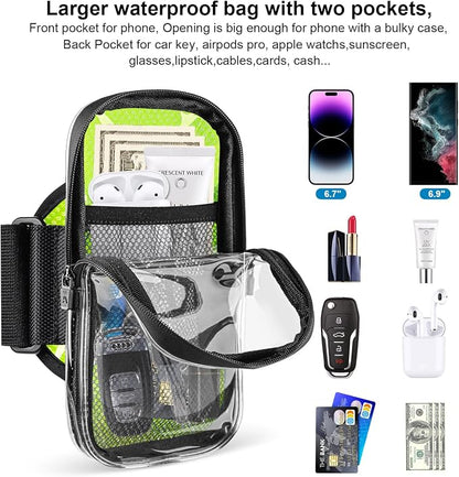 Clear Running Phone Holder Armband, Sports Armband Case for iPhone 16 15 14 13 Pro Max 12 11 Plus X XS Samsung up to 6.9'', Universal Arm Bands Bag with Key Card Pocket for Exercise Walking Workout