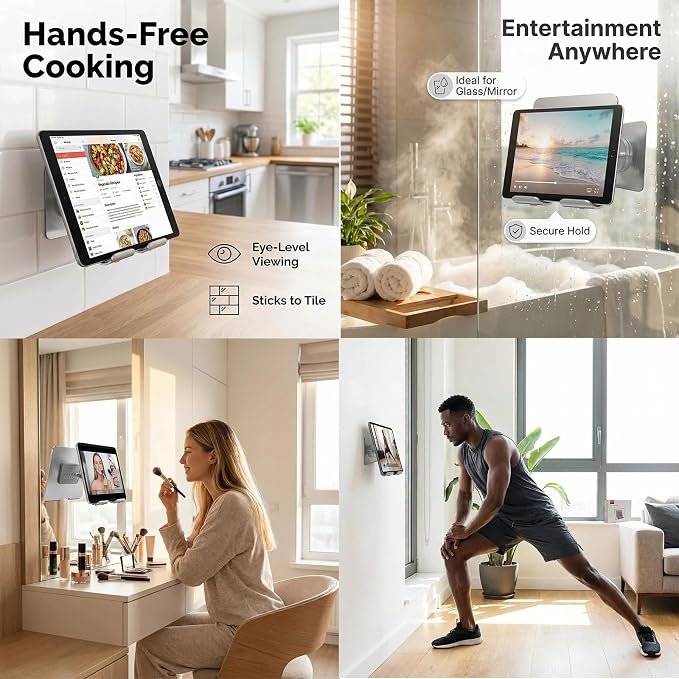 Large Wall Mount Phone Holder with Mirror, Extra Large Anti-Slip Panel, Strong Adhesive Phone Stand for Bathroom Kitchen Bedroom, Fits Phones & Tablets (4.72 x 4.13 inch)