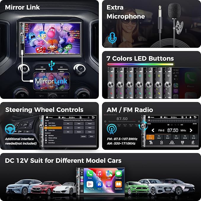 Double Din Car Stereo with 7" HD Touchscreen, Wireless Apple Carplay & Android Auto, Bluetooth, 240W, SWC, Subwoofer Output, Mirror Link, FM/AM Car Radio Receiver, Backup Camera