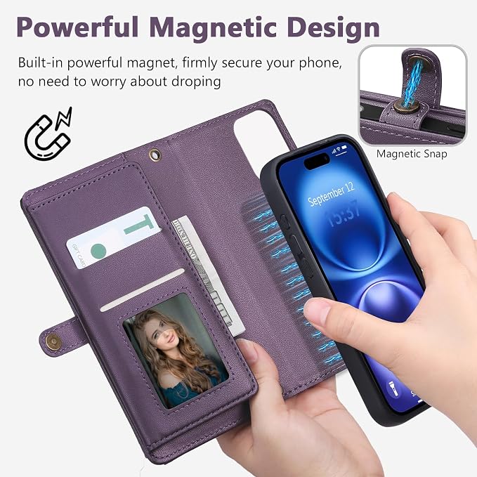 Wallet Case for iPhone 16 with Card Holder/Crossbody Wallet/Strap| RFID Blocking | Magnetic | Kickstand | Detachable | PU Leather Phone Case for iPhone 16,6.1 in,Purple