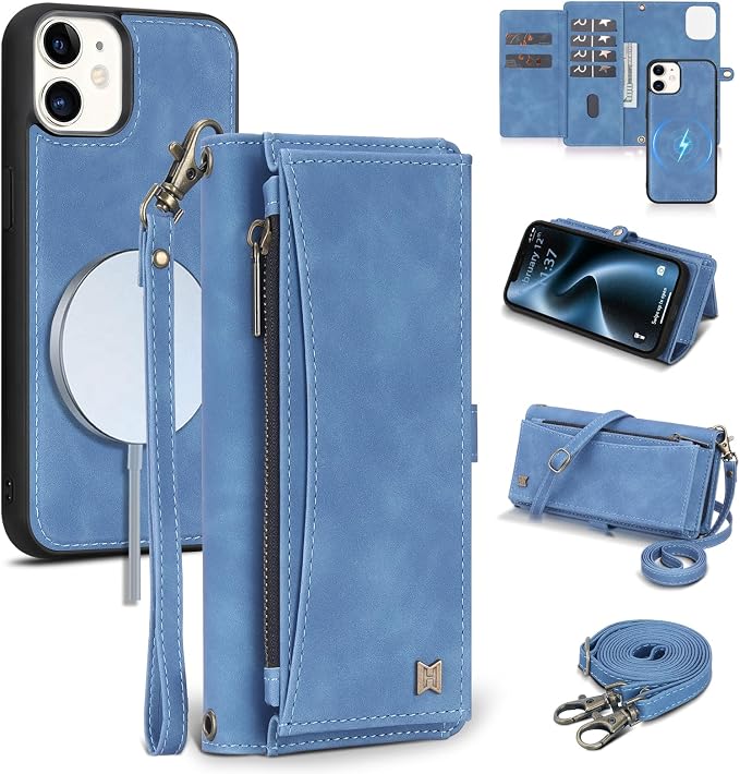 Wallet Case for iPhone 12/12 Pro with Card Holder/Crossbody Wallet/Strap| RFID Blocking | Magnetic | Kickstand | Detachable | PU Leather Phone Case for iPhone 12/12 Pro,6.1 in,Sky Blue