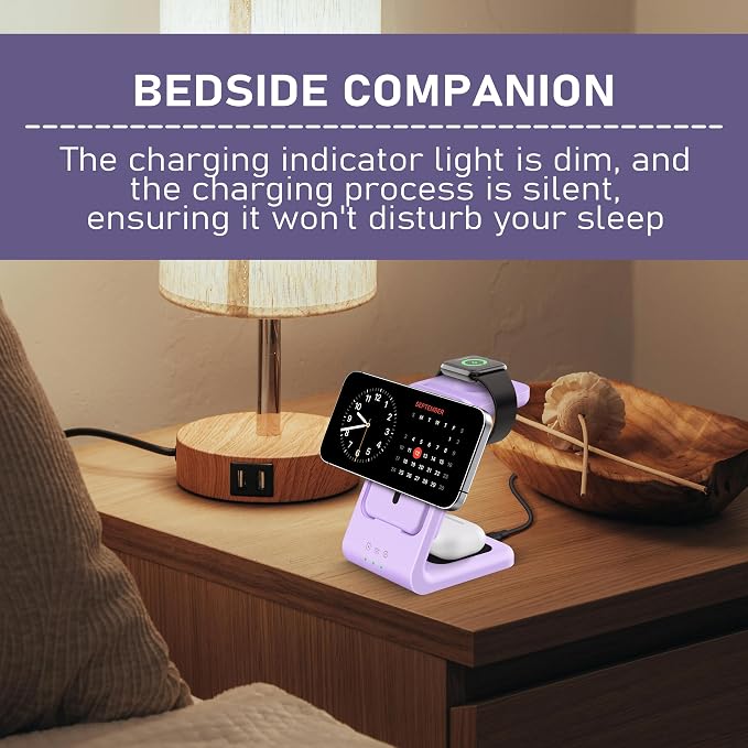 3 in 1 Wireless Charging Station: 5000mAh Removable Power Bank Charger Stand for Phone/Watch/Air Pods - Portable Magnetic Battery Pack for Air 17 16 15 14 13 12 Series Purple