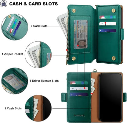 Antsturdy Compatible with iPhone 17 Pro Wallet Case Women,RFID Blocking PU Leather Phone Case Men Kickstand Flip Cover Wrist Strap Zipper Credit Card Holder Slots for Apple 17 Pro 6.3",Green