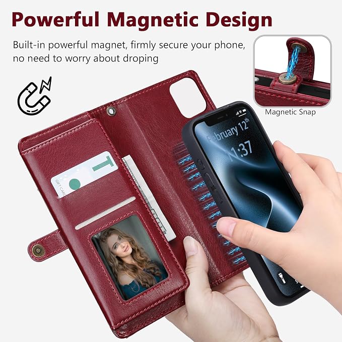 Wallet Case for iPhone 12/12 Pro with Card Holder/Crossbody Wallet/Strap| RFID Blocking | Magnetic | Kickstand | Detachable | PU Leather Phone Case for iPhone 12/12 Pro,6.1 in,Wine Red
