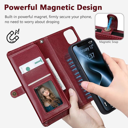 Wallet Case for iPhone 12/12 Pro with Card Holder/Crossbody Wallet/Strap| RFID Blocking | Magnetic | Kickstand | Detachable | PU Leather Phone Case for iPhone 12/12 Pro,6.1 in,Wine Red