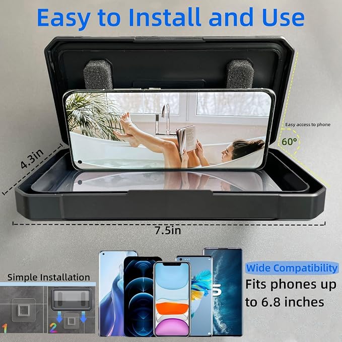 Shower Phone Holder Waterproof,480° Rotation Adjustable Wall Mount Shower Phone Case with Anti-Fog Touch Screen for Bathroom Tub Kitchen Mirror,Up to 6.8 in (Black)