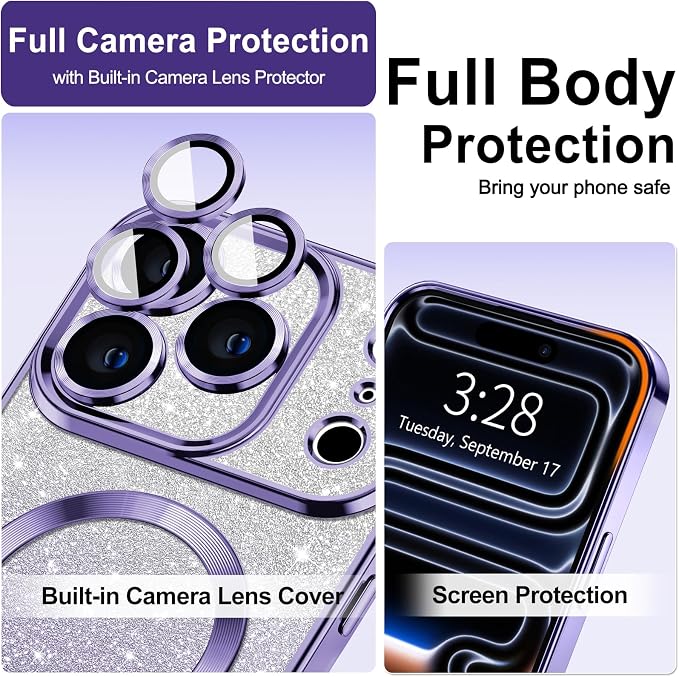 Hython for iPhone 17 Pro Case Glitter Clear Magnetic Phone Cases [Compatible with MagSafe] Full Camera Lens Protector Sparkle Luxury Plating Slim Shockproof Protective Cover, Gradient Light Purple
