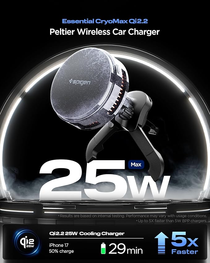 Spigen Cryomax MagFit Qi2.2 25W MagSafe Car Mount Wireless Charger [Ultra-Fast Charging Function w/Active Peltier Cooling] (Requires 45W Charging Adapter) Compatible with iPhone 17 16 15 14 13 Series