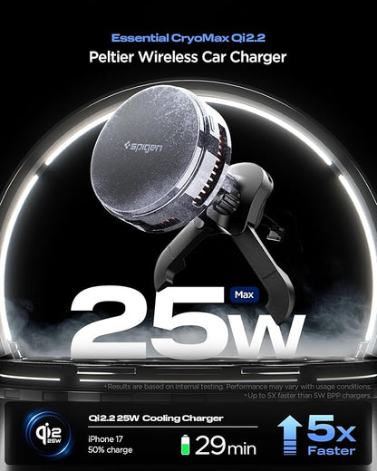 Spigen Cryomax MagFit Qi2.2 25W MagSafe Car Mount Wireless Charger [Ultra-Fast Charging Function w/Active Peltier Cooling] (Requires 45W Charging Adapter) Compatible with iPhone 17 16 15 14 13 Series