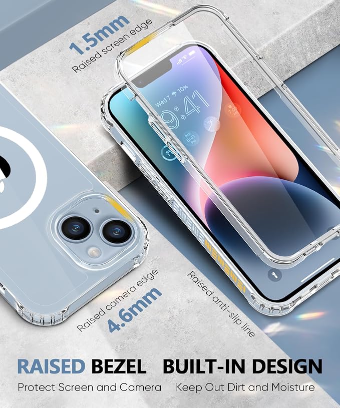 Compatible with iPhone 14 Case Clear, Built-in Screen Protector, with Camera Lens Protector, [Compatible with MagSafe] Full Body Phone Case, Magnetic Protective Cover for 14 6.1" (Clear)
