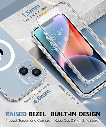 Compatible with iPhone 14 Case Clear, Built-in Screen Protector, with Camera Lens Protector, [Compatible with MagSafe] Full Body Phone Case, Magnetic Protective Cover for 14 6.1" (Clear)