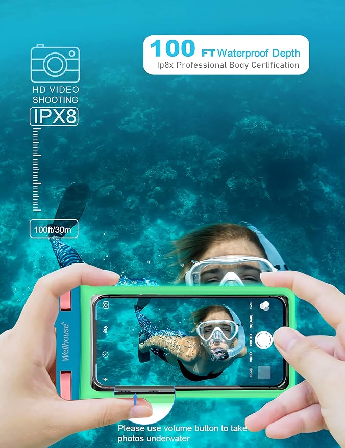 wellhouse Waterproof Phone Pouch, Waterproof Phone Case for iPhone 17 16 15 14 13 Pro Max XS Samsung, IPX8 3D Cellphone Dry Bag Beach Essentials (1 Pack - Luminous Blue7.0, 7 inch)
