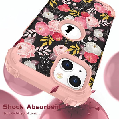 Hocase for iPhone 15 Case, Heavy Duty Shockproof Protection Soft Silicone Rubber Bumper+Hard Plastic Hybrid Protective Case for iPhone 15 (6.1" Display) 2023 - Rose Blossom