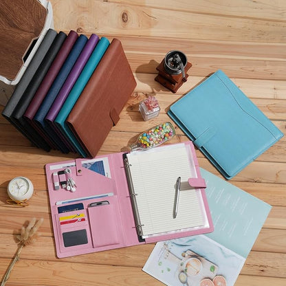 Wonderpool A4 PU Leather Portfolio Holder Ring File Document Case with Removable Binder Clipboard, Multi Pocket and Legal Pad for Business Organizer Interview and Meeting (Light Blue)