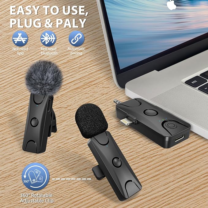 Wireless Lavalier Microphone for iPhone Android: Mini Lapel Mic with Intelligent Noise Cancelling, 48kHz/16bit, 100ft Range, for Camera, PC, Laptop, Video Recording, Streaming, Interview, Vlogs
