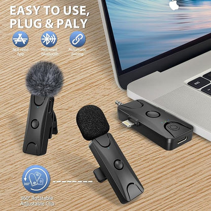 Wireless Lavalier Microphone for iPhone Android: Mini Lapel Mic with Intelligent Noise Cancelling, 48kHz/16bit, 100ft Range, for Camera, PC, Laptop, Video Recording, Streaming, Interview, Vlogs