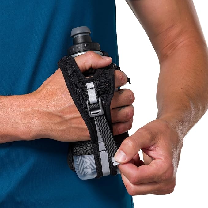 Nathan SpeedDraw 2 Insulated Handheld Running Water Bottle Flask – Double-Wall Insulation, Ergonomic Grip, Blast Valve Cap, Phone & Key Storage Pockets, Reflective Design - 12oz Insulated - Black